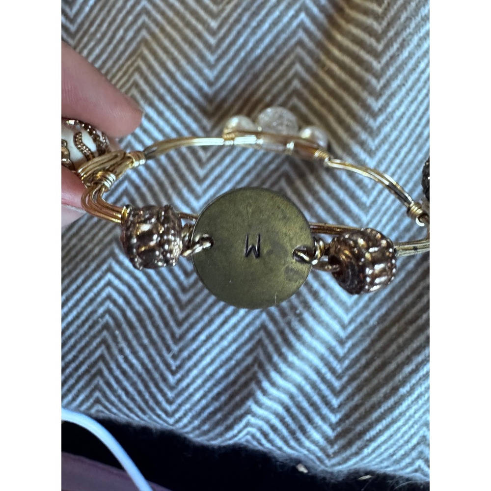 Handmade Wire Wrapped Initial M Bangle Bracelet Gold Tone Pearl Druzy Bead